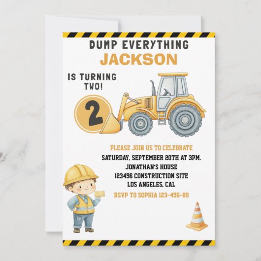 DUMP EVERYTHING – Construction Truck 2nd Birthday  招待状 (正面)