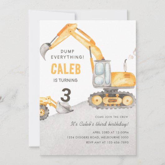 Dump Everything Construction Truck 3rd Birthday 招待状 (正面)