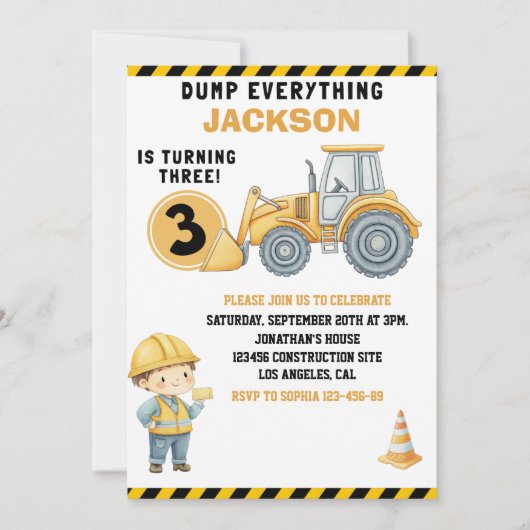 DUMP EVERYTHING – Construction Truck 3rd Birthday  招待状 (正面)