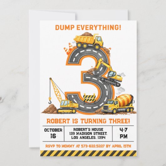 Dump Everything Construction Truck 3rd Birthday 招待状 (正面)