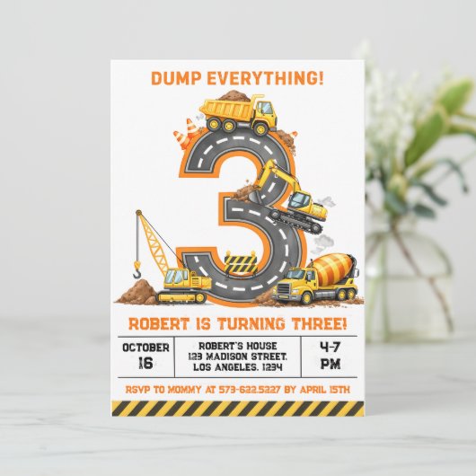Dump Everything Construction Truck 3rd Birthday 招待状 (スタンド正面)