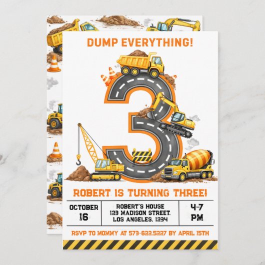 Dump Everything Construction Truck 3rd Birthday 招待状 (正面/裏面)
