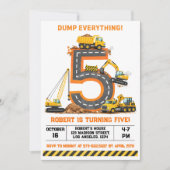 Dump Everything Construction Truck 5th Birthday 招待状 (正面)