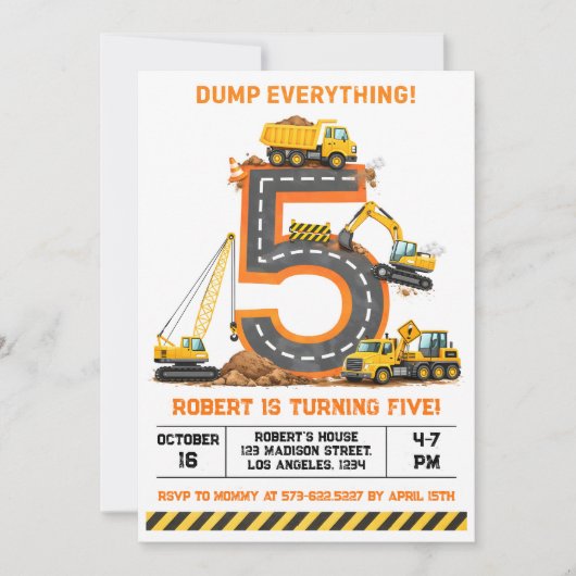 Dump Everything Construction Truck 5th Birthday 招待状 (正面)