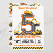 Dump Everything Construction Truck 5th Birthday 招待状 (正面/裏面)
