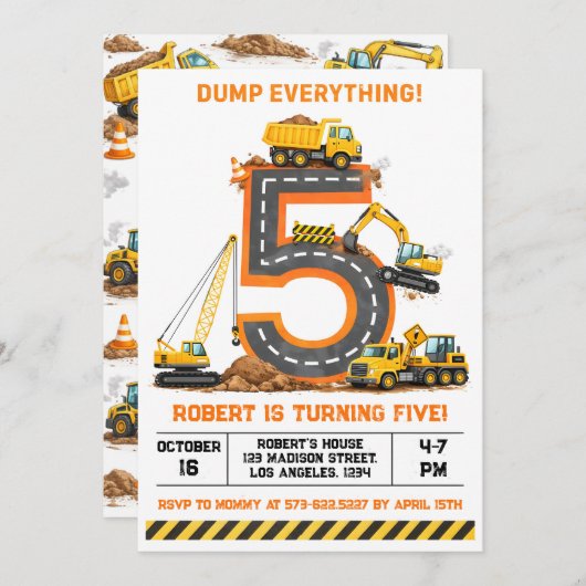 Dump Everything Construction Truck 5th Birthday 招待状 (正面/裏面)