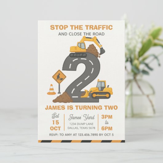 Dump Truck Construction 2nd Birthday 招待状 (スタンド正面)