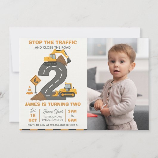 Dump Truck Construction 2nd Birthday Photo 招待状 (正面)