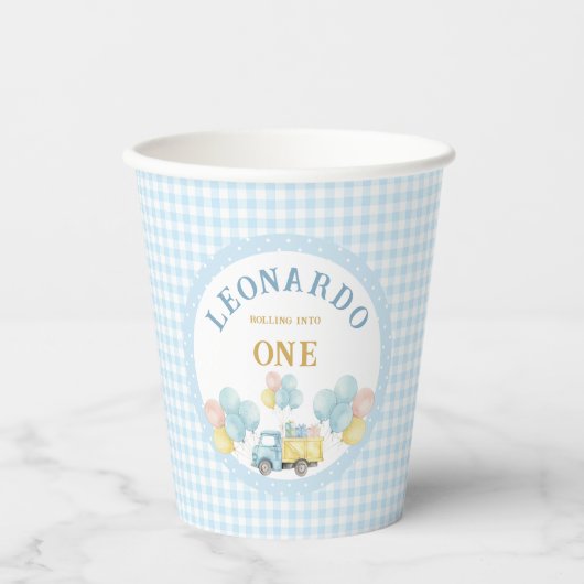 Dump Truck First Birthday Boy 紙コップ (正面)