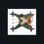 Dungeon Artifact キャンバスプリント<br><div class="desc">An intricate mystical device that merges ancient alchemy with precise geometry. This X-shaped artifact features a central bone-colored disc engraved with cryptic cuneiform, crowned by a massive star ruby. The frame is heavily inlaid with concentric malachite, deep blue lapis lazuli, and warm amber fragments. Four navigational star-compasses at the tips...</div>