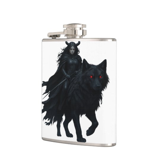 Dunkle Kriegerin auf Schattenwolf – Mystisches Fan フラスク (左)