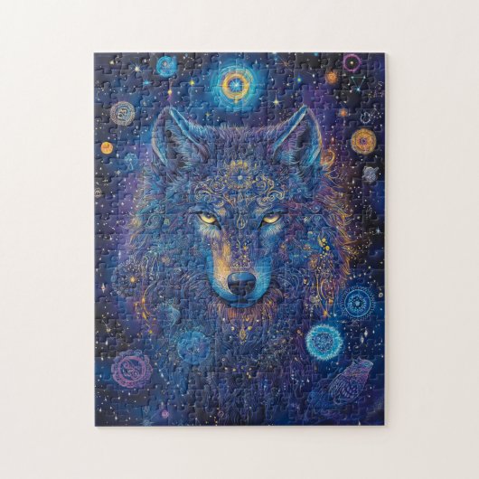 Dunkler Wolf mit Mandala magischer Sternenhimmel ジグソーパズル (縦)