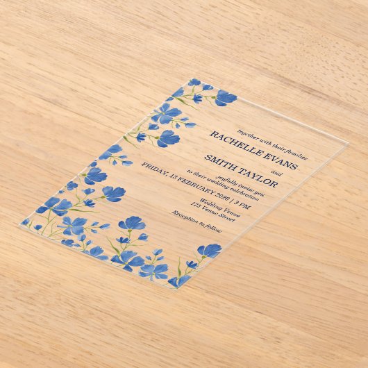 Dusky Blue Flower Wedding Invite アクリル招待状 (レイダウン)
