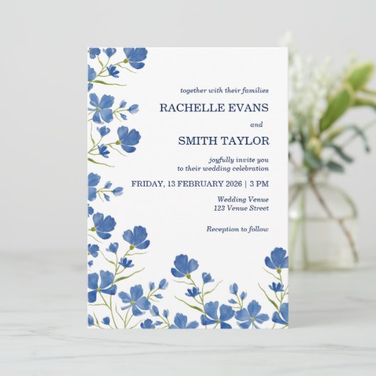 Dusky Blue Flower Wedding Invite 招待状 (スタンド正面)