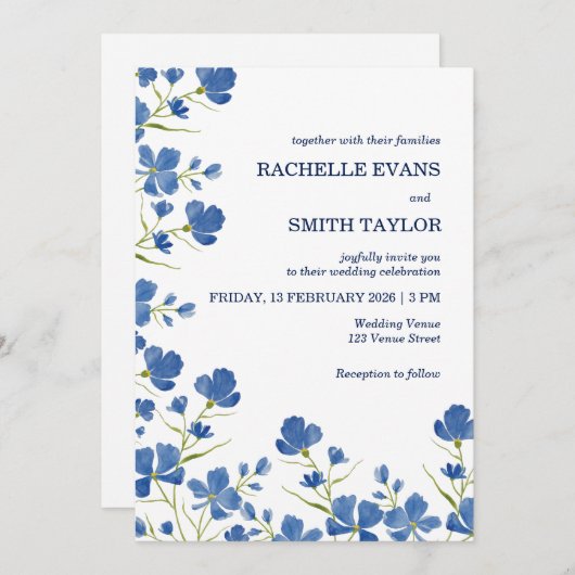 Dusky Blue Flower Wedding Invite 招待状 (正面/裏面)