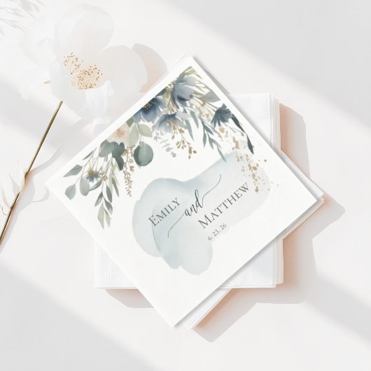 Dusky Blue Greenery Wedding Napkin スタンダードカクテルナプキン