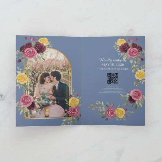 Dusky Pastel Watercolor Roses Blue 招待状 (内部)