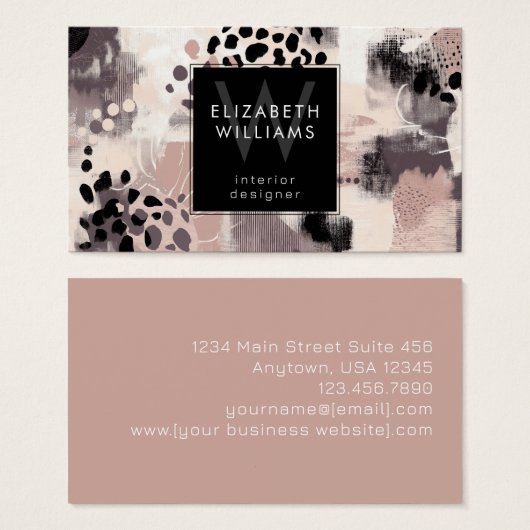 Dusky Pink Black Abstract Monogram Business Cards (正面&裏面)