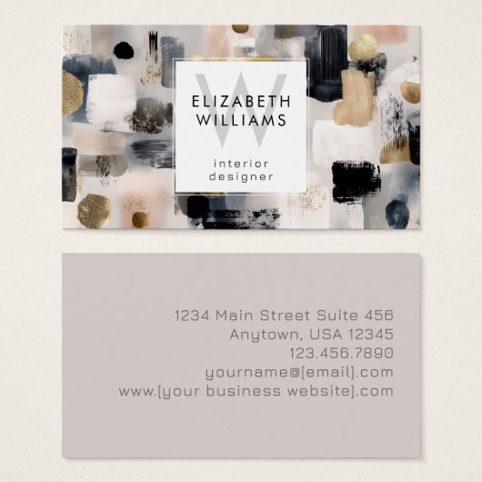 Dusky Pink Black Gold Monogram Business Cards (正面&裏面)