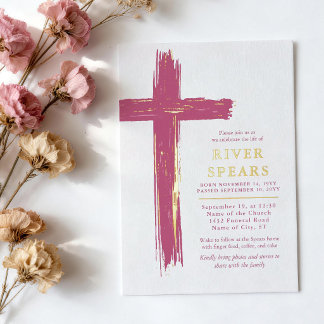 Dusky Pink Gold Brushstroke Cross Funeral Memorial 箔招待状