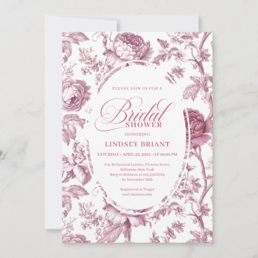 Dusky Pink Toile Roses Pattern Bridal Shower Invit 招待状 (正面)