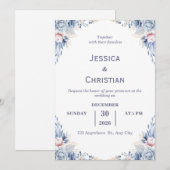 Dust Blue Floral Wedding Invitation  招待状 (正面/裏面)