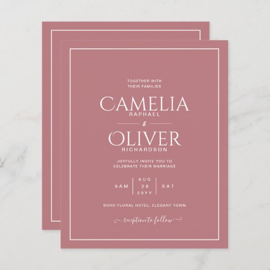 DustyバラPink all-in-1結婚とRSVP (正面/裏面)