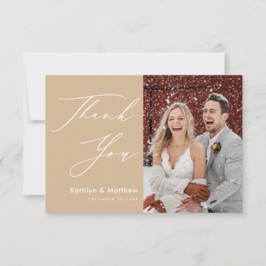 Dusty Beige Script エレガント Photoモダン結婚's サンキューカード (正面)