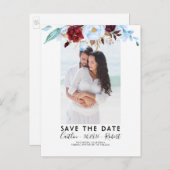 Dusty BlueとBurgundy Redの写真Save the Date 案内ポストカード (正面/裏面)