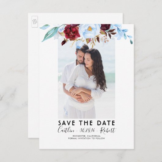 Dusty BlueとBurgundy Redの写真Save the Date 案内ポストカード (正面/裏面)