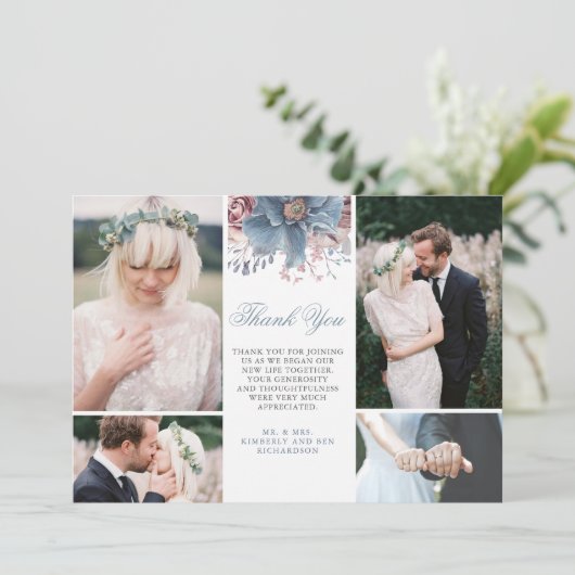 Dusty BlueとMauveのフローラ結婚の写真 招待状 (スタンド正面)