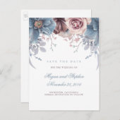 Dusty BlueとMauveフローラ日付の保存 案内ポストカード (正面/裏面)