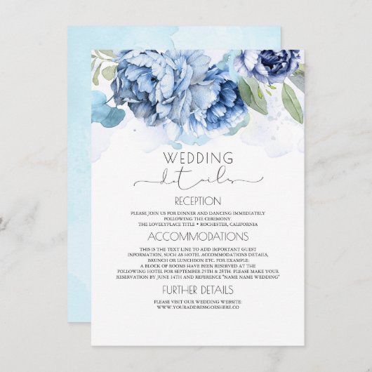 Dusty BlueとNavyのフローラ結婚情報 エンクロージャーカード (正面/裏面)