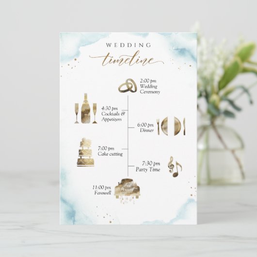 Dusty Blueの結婚ウェルカムカードとタイムラインカード (スタンド正面)