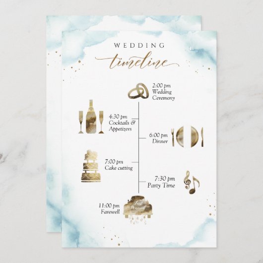 Dusty Blueの結婚ウェルカムカードとタイムラインカード (正面/裏面)