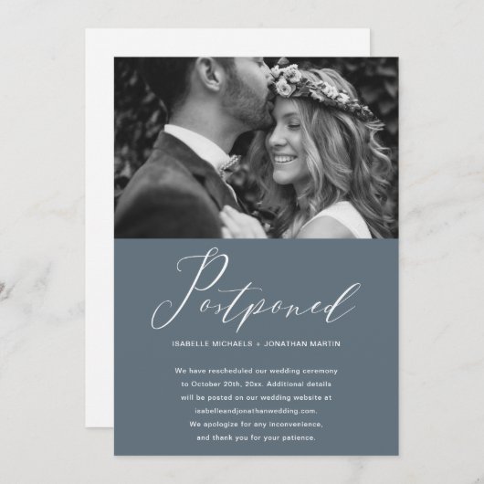 Dusty Blueの結婚延期の新しい日付写真 案内状 (正面/裏面)