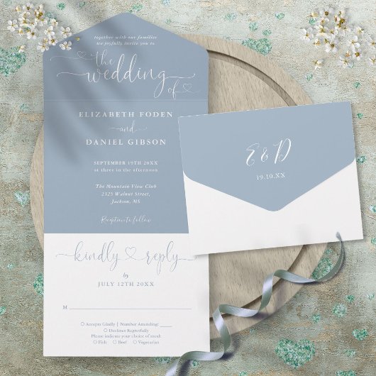 Dusty Blueスクリプトハートミニマル結婚リストのAll In オールインワン招待状