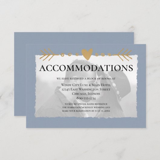 Dusty Blueフォトモダン金ゴールドハート宿泊施設 エンクロージャーカード (正面/裏面)