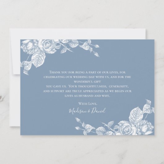 Dusty Blueフローラ結婚の写真ありがとう サンキューカード (裏面)