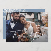 Dusty Blueフローラ結婚の写真ありがとう サンキューカード (正面/裏面)