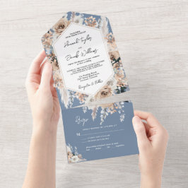 Dusty Blueフローラ結婚BohoとRSVP オールインワン招待状