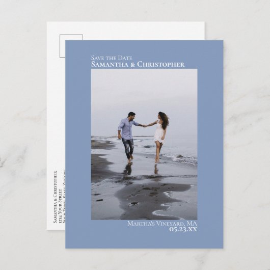Dusty Blueミニマル結婚リストの写真Save The Date 案内ポストカード (正面/裏面)