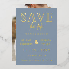 Dusty Blue手書きスクリプト写真の日付の保存 箔招待状