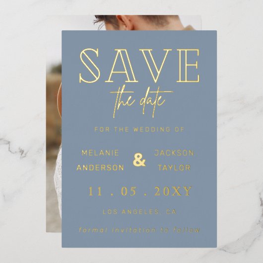 Dusty Blue手書きスクリプト写真の日付の保存 箔招待状 (正面/裏面)