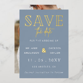 Dusty Blue手書きスクリプト写真の日付の保存 箔招待状