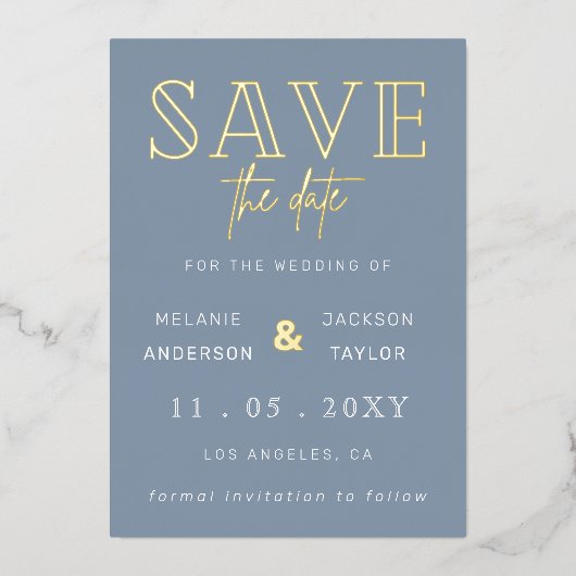 Dusty Blue手書きスクリプト写真の日付の保存 箔招待状 (正面)