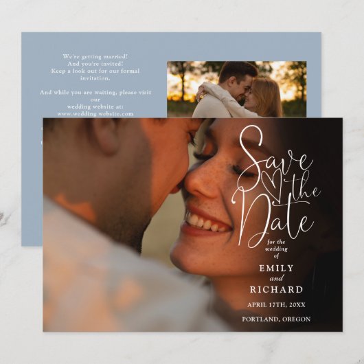 Dusty Blue 2フォトスクエレガントリ結婚プトのQRコード セーブザデート (正面/裏面)