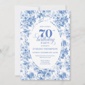 Dusty Blue 70th Birthday Floral Invitation Card 招待状 (正面)