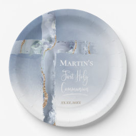  dusty blue agate cross First Communion ペーパープレート