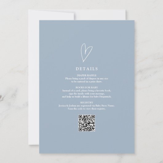 Dusty Blue All In One QR Code Hello Baby Shower 招待状 (裏面)